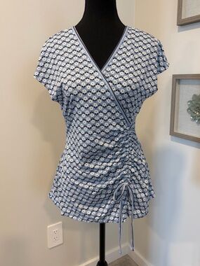 Max Studio Blue Floral Ruched Faux Wrap With Self-Tie Top NWT!